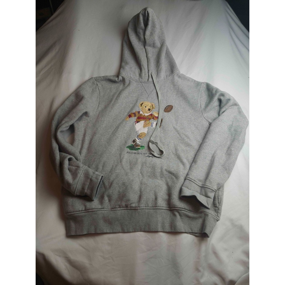 Polo Ralph Lauren Football Bear Hoodie Mens Large Gray Fleece Pullover Graphic